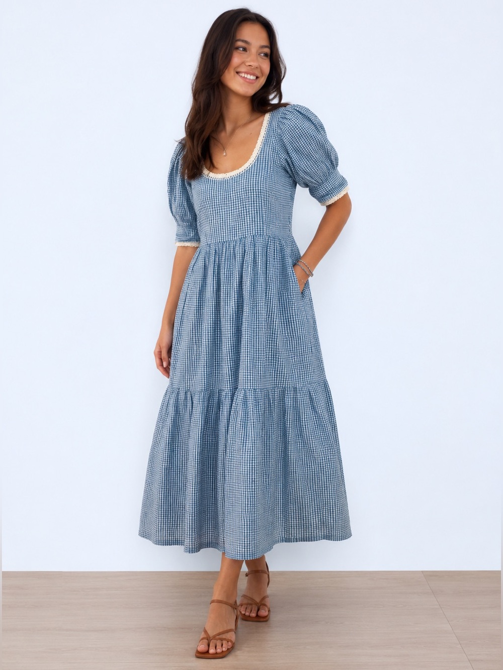 Loeffler Randall Gillian Puff−Sleeve Dress in Blue Gingham | XS - Picture 11 of 16